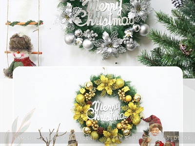 Vòng nguyệt quế Noel 4 hoa trạng nguyên kim tuyến ĐK45cm VNGQ-X-45